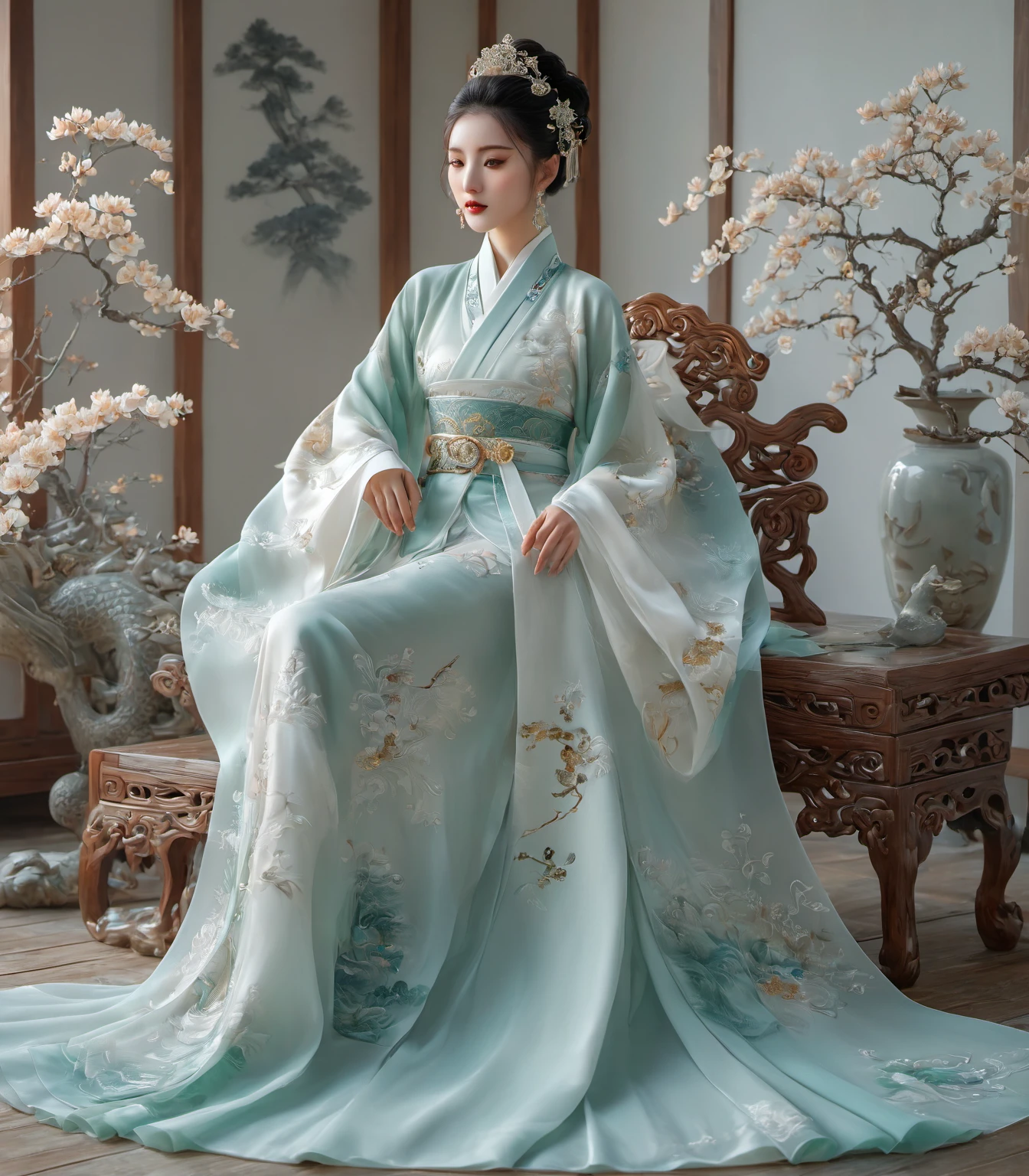 chef-d&#39;œuvre，Meilleure qualité d&#39;image，Fond d&#39;écran HD 8K，belle image，femme célibataire élégante，costume traditionnel chinois，Des yeux perçants，meilleur détail，Un chef-d&#39;œuvre exquis，Beauté et légèreté esthétique modérée，doux et élégant，faites attention aux détails，orné，immortel，assise，Capture de tout le corps，paradis