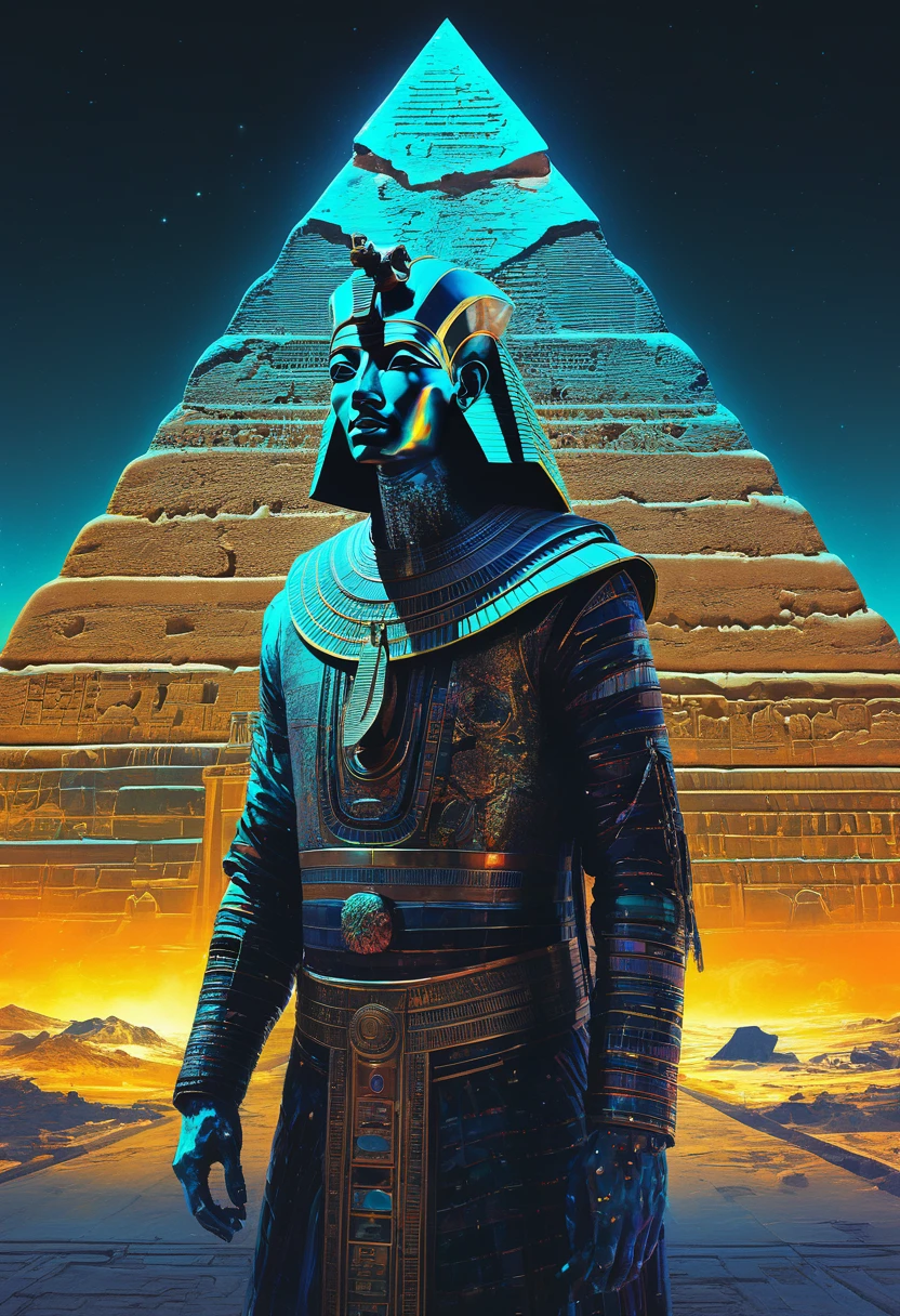 cyberpunk,futuristic egypt Pharao Ramses in biomechanical clothes,double exposure superimposed against astral pyramid skyline by Conrad Roset,Brandon Kidwell,Andreas Lie,Dan Mountford,Agnes Cecile,Jeremy Mann,oil and ink canvas,fine art,super dramatic light,photoillustration,amazing depth,hyperdetailed,iridescent soft neon light,intricate detailed,amazing depth,stunning misty atmosphere,mesmerizing whimsical vibrant scenery,maximalism,complex masterwork by head of prompt engineering, Galaxy night sky