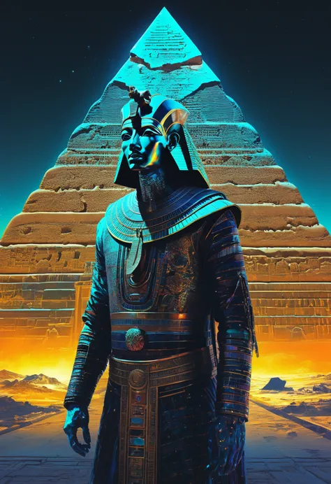 cyberpunk,futuristic egypt pharao ramses in biomechanical clothes,double exposure superimposed against astral pyramid skyline by...