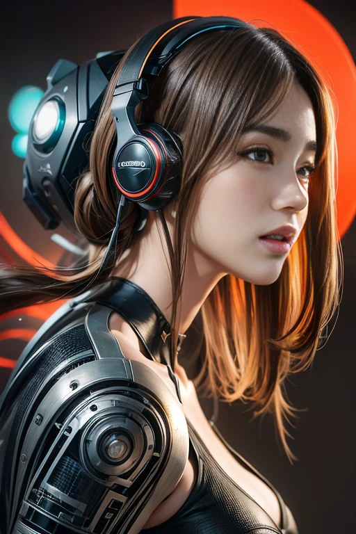 Realistic picture 8k,Masterpiece,complicated details,Highest quality,hips up,perfect anatomy,Great dynamic composition,Bright natural light that is easy on the eyes,Hyper clarity, full hd,Young woman with long gray hair,Has a human body mixed with a machine.,red orange machine,There was a neon light radiating from the machine.,Put on those wonderful, ultra-light headphones.,glowing headphones,The background is a deserted star at night.