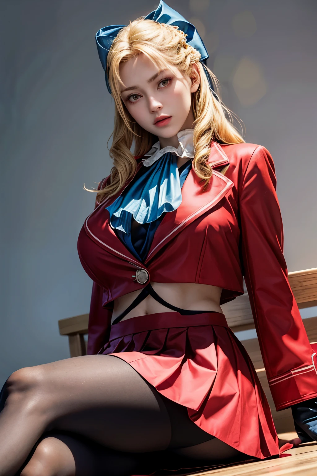 (Ultra-realistic,32k, masterpiece:1.2),(Skin with attention to detail:1.1),( high quality:1.1),
(anger, V-shaped eyebrows:1.1),Sculin, Blonde, Yellow Eyes, Hair Bow, Ascot, Red jacket, Long sleeve, Frilled Skirt, pantyhose, Fingerless gloves, (Blank Background:1.2) Blurred Background,(View your viewers, Sitting, Crossing your legs:1.1),, (Huge breasts,Large Breasts:0.9),(Dynamic Lighting:1.1),