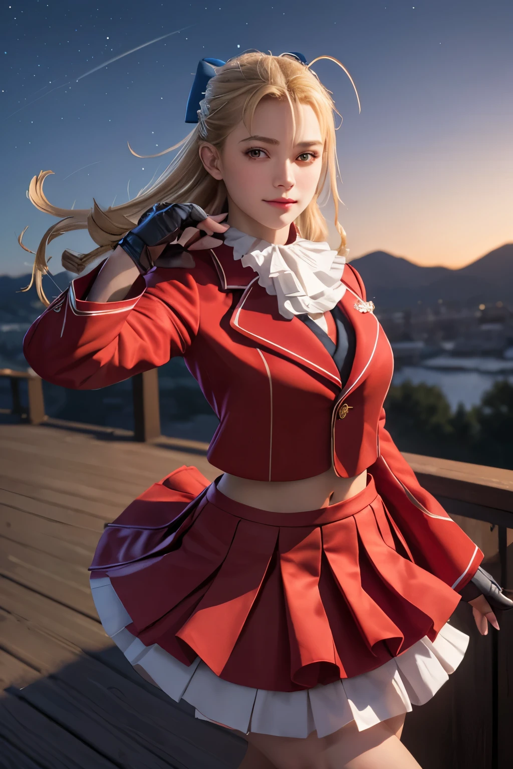 masterpiece, highest quality, Sculin, Hair Bow, Ascot, Red jacket, Long sleeve, Frilled Skirt, Fingerless gloves, View your viewers, Conceit, smile, Frowning, Are standing, Upper Body, Combat Stance, Portraiture, Gradient Background, Night Sky, alone, Bokeh