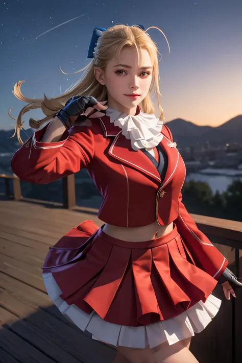 masterpiece, highest quality, Sculin, Hair Bow, Ascot, Red jacket, Long sleeve, Frilled Skirt, Fingerless gloves, View your view...