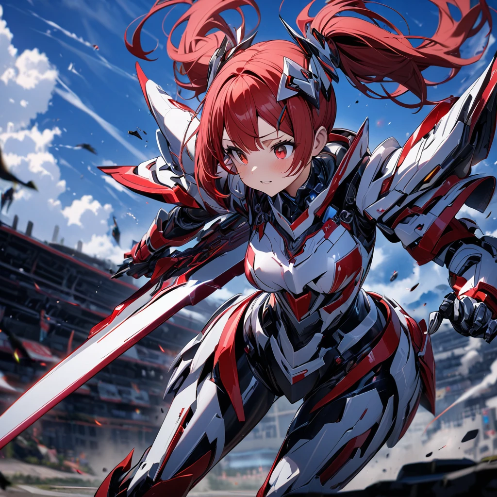 High quality, high definition, hig
h precision images,8k 1 Girl Robot Girl、red hair,Twin tails,Red eyes,Leaning forward Head decoration、 ,(red and white clothing Hold it with one hand),,He's wearing flashy robot armor.Holding a red and white long sword,、Blue sky.Flying in the sky,Figure moving at high speed side view,shot from a distance

