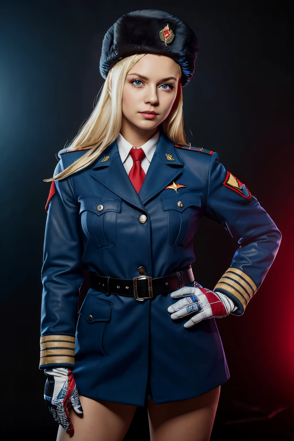 One girl,
highest quality,masterpiece,Depth of written boundary,8k,Absurd,Realistic,High resolution,Cinema Lighting,
Colin 2,Long Hair,blue eyes,Blonde,Simple Background,gloves,Have,very Long Hair,Upper Body,full_lips,coat,Hands on hips,button,fur Have,Ushanka,army,Soviet Union,Soviet,Serious expression,Plump_army_uniform,Wagnaria_uniform,army uniforms,shoulder_patch,Armband,Natasha,Better_gloves,leather_belt,compensate,nice & sexy \(Idol Master\),Stage lighting,Black background,