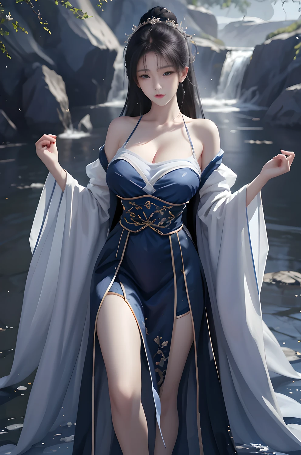 gufeng,bare shoulders,best quality，masterpiece，ultra high resolution，Clear face,（realism：1.4），original photo，cold light，Woman in transparent clothes，full body image，wallpaper anime blue water，Gurwitz-style artwork，water magic closeup fantasy，A beautiful artistic illustration，Water Nymphs，Beautiful digital artwork，Beautiful digital illustration，Li Song，A beautiful anime character;Art style，((cardigan，Big boobs))