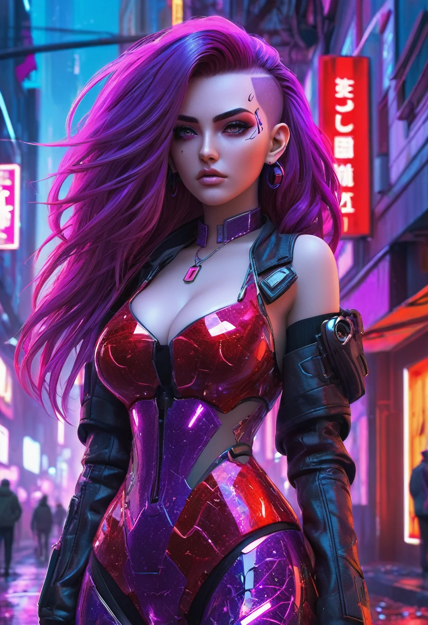 1girll, Cyberpunk Style, neonlight (red:0.9) The letter endikull made of broken glass on Cyberpunk Street, Beautiful, Cyberpunk girl standing on the street, Cute cyberpunk girl, Beautiful eyes, 4K eyes, Beautiful face, full bodyesbian, Large breasts, Long (purple:0.8) Hair, Normal eyes, high resolution, elegant, Artistic, Creative, Detailed, 8K, Expressive, intricately details, Masterpiece