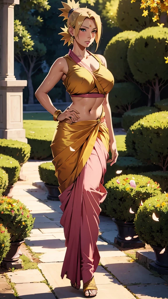 masterpiece, absurdres, temari\(naruto\), 1girl, solo,mature female, wearing indian saree, saree has blouse sleeveless, saree, golden dupatta and golden pallu, looking at viewelling petals), perfect composition, detailed lips, big breast, beautiful face, body proportion, blush, (pink lips), blonde hair, double short pony, blue-eyed, soft gaze, super realistic, detailed, photoshoot, realistic face and body, full body picture, standing in the middle of a flower garden