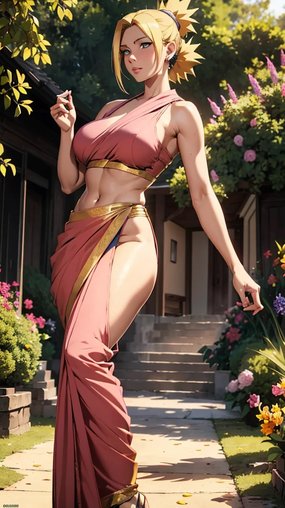 masterpiece, absurdres, temari\(naruto\), 1girl, solo,mature female, wearing indian saree, saree has blouse sleeveless, saree, golden dupatta and golden pallu, looking at viewelling petals), perfect composition, detailed lips, big breast, beautiful face, body proportion, blush, (pink lips), blonde hair, double short pony, blue-eyed, soft gaze, super realistic, detailed, photoshoot, realistic face and body, full body picture, standing in the middle of a flower garden