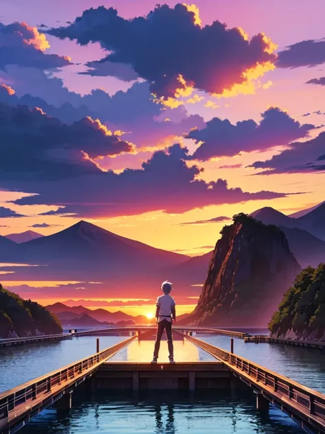anime style image of a boy standing on top of a bridge surrounded by water and beautiful mountains and scenary.anime landscape w...