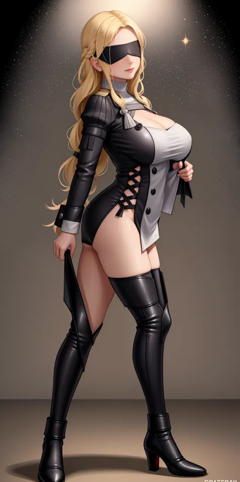 (masterpiece, HI quality: 1.1) 1girl full body standing good face, nice ass, hairstyle: braid, Color Hair: blonde long hair, Blindfolded: NO EYES, Skin: White (porcelain skin, sparkly skin), muscular, thighs, Mature woman, Abs, looks at the viewer smiling,...