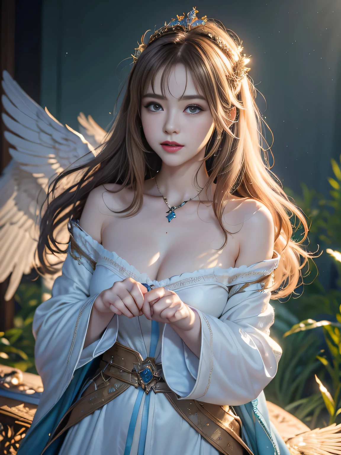 masterpiece, best quality, (Extremely detailed CG Unity 8K wallpaper), (best quality), (Best Illustration), (The best shadow), absurd, Realistic lighting, (abyss), Beautiful and delicate light, Peter Moore (Peter Mohr Bacher) Artworks,Oversized wings。An angel girl，Flying to the clouds，Baiyun，Baiyun，Blue sky。Blue sky。Blue sky。（White papal robe1.3），（Golden Wings 1.3），Wearing a crown on his head，