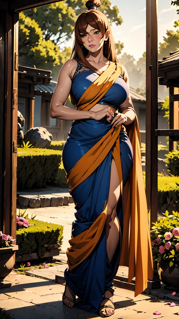 masterpiece, absurdres, mei terumi\(naruto\), 1girl, solo,mature female, wearing indian saree, saree has blouse sleeveless,blue saree, golden dupatta and golden pallu, looking at viewelling petals), perfect composition, detailed lips, big breast, beautiful face, body proportion, blush, (pink lips), brown hair, long hair, green-eyed, soft gaze, super realistic, detailed, photoshoot, realistic face and body, full body picture, standing in the middle of a flower garden