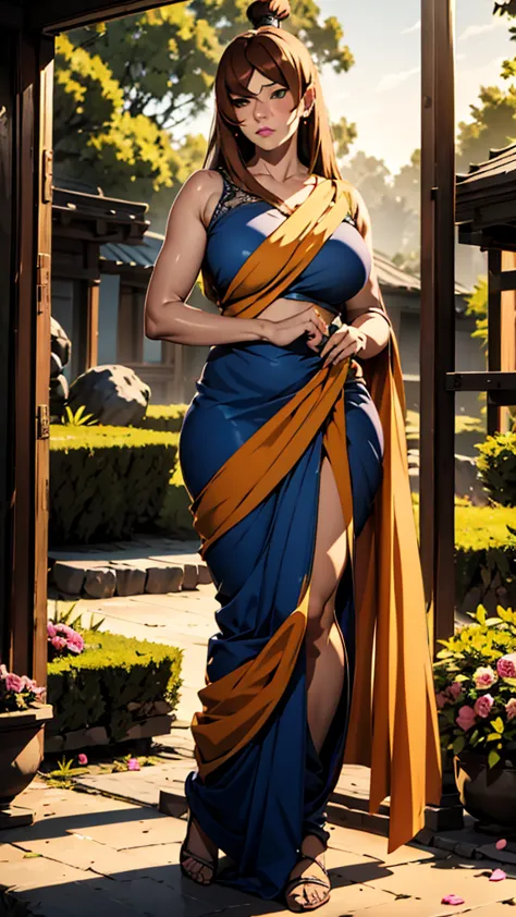 masterpiece, absurdres, mei terumi\(naruto\), 1girl, solo,mature female, wearing indian saree, saree has blouse sleeveless,blue ...