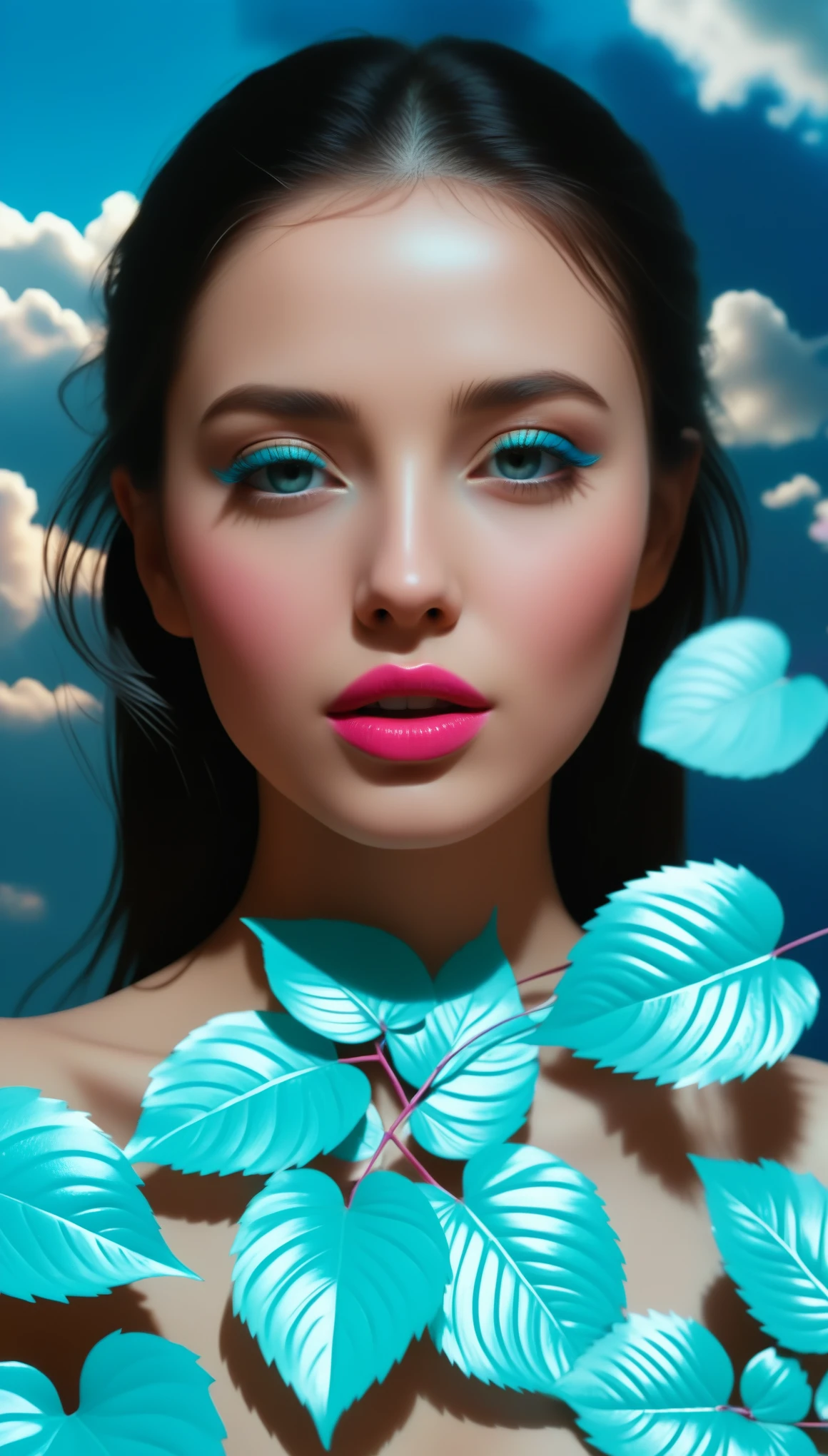 There is a beautiful natural scenery in the picture. sky, cloud, Natural leaves falling in the air light, pink petals, This painting is a masterpiece, It has the best quality. The background consists of a highly detailed CG Unity 8K wallpaper., The quality of the illustrations is also top notch.. also, The shadows are also of the highest quality.. This work perfectly captures the beauty of nature., Colors and lighting are also expressed in great detail.. The lips shine with heavy aquamarine blue makeup and glossy dark pink lipstick.. (best quality,4k,8k,highres,masterpiece:1.2),ultra-detailed,(realistic,photorealistic,photo-realistic:1.37),natural,sky,clouds,falling leaves and petals in the light of the air.