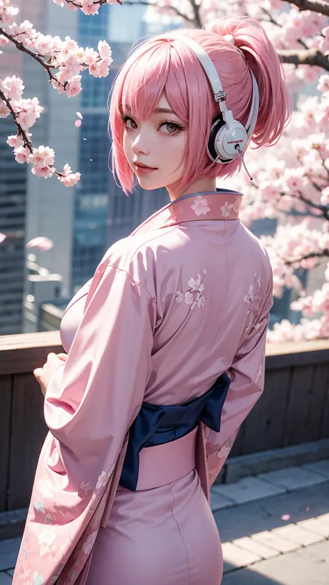 master piece, City Pop style, Pink Hair, fluffy bob cut, wearing headphones, shoulder length, alone, Futuristic, yet, lofi, retr...