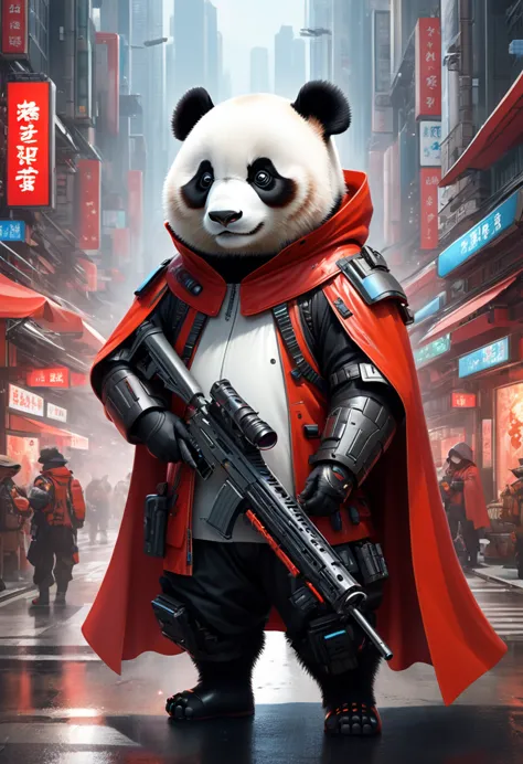 A panda with a rifle、Panda in a red cape, Cyberpunk dystopian style, Charming characters, Huang Shilin, Full of energy and actio...