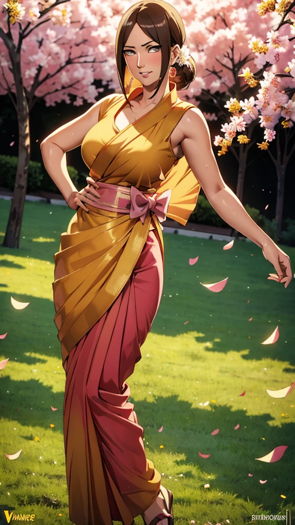 masterpiece, absurdres, hyuuga hanabi\(naruto\), 1girl, solo,mature female, wearing indian saree, saree has blouse sleeveless,yellow saree, golden dupatta and golden pallu, looking at viewelling petals), perfect composition, detailed lips, big breast, beautiful face, body proportion, blush, (pink lips), brown hair, long hair, purple-eyed, soft gaze, super realistic, detailed, photoshoot, realistic face and body, full body picture, standing in the middle of a flower garden