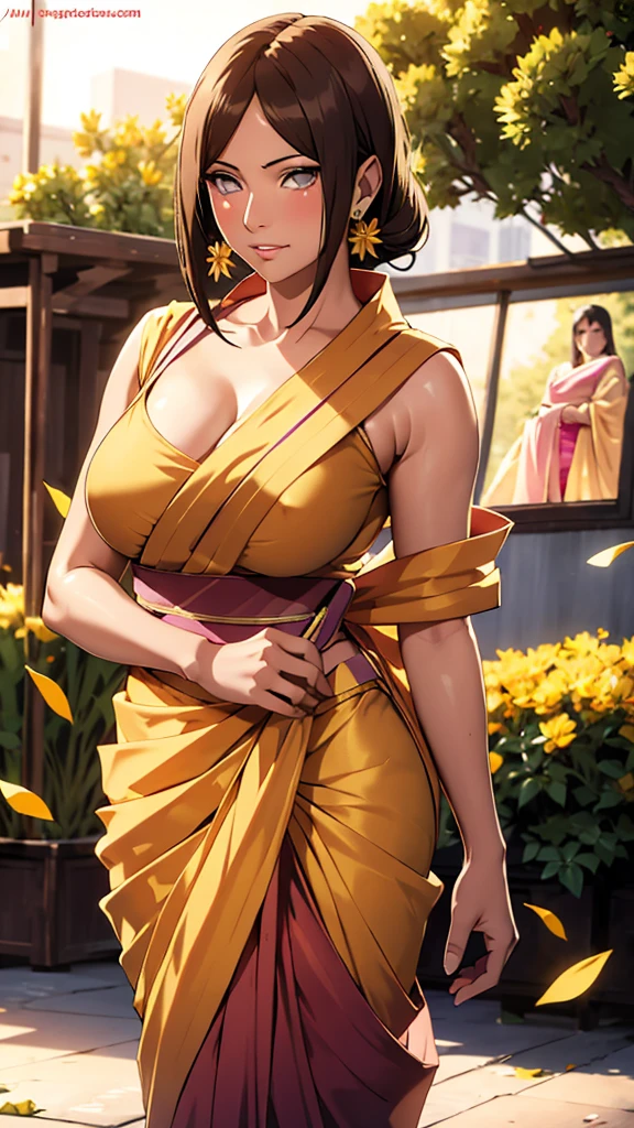 Meisterwerk, absurdesten, Hyuuga Hanabi\(Naruto\), 1 Mädchen, Allein,reife Frau, einen indischen Sari tragen, Sari hat eine ärmellose Bluse,gelber Sari, goldener Dupatta und goldener Pallu, Blick auf die Blütenblätter), perfekte Komposition, ausführlich lips, große Brust, schönes Gesicht, Körperproportionen, erröten, (pinke Lippen), braune Haare, langes, offenes Haar, mit violetten Augen, soft gaze, super realistisch, ausführlich, Foto-Shooting, realistisches Gesicht und Körper, Ganzkörperbild, Mitten in einem Blumengarten stehen