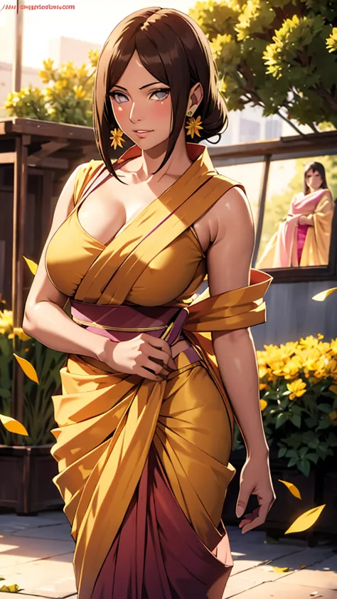 masterpiece, absurdres, hyuuga hanabi\(naruto\), 1girl, solo,mature female, wearing indian saree, saree has blouse sleeveless,ye...