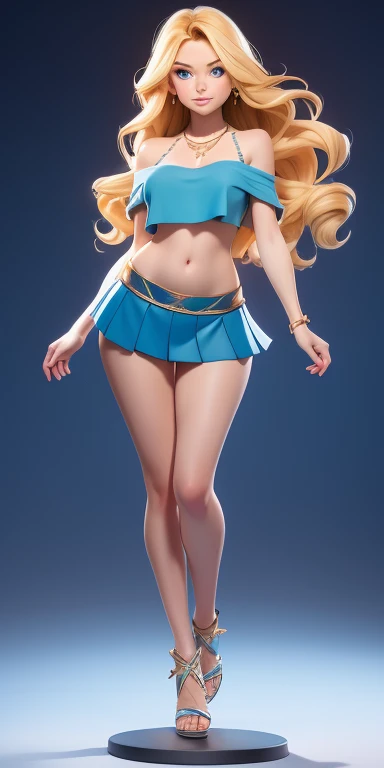 1girl in, age19, Solo, Long hair, Colossal , Looking at Viewer, blonde hair, Bare shoulders, huge breasts, sexy, Blue eyes, jewely, Full body, a necklace, off shoulders, mini pleated skirt, crop top jumper