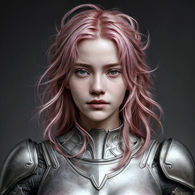 여자 머리,분홍색 머리,완벽한 조각적 현실감으로,은색 중세 갑옷을 입은, 그리고 초상화, 극도로 현실적이다, HD,  