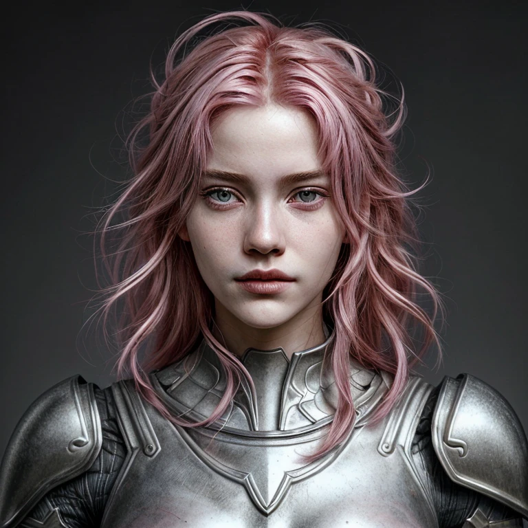 une tête de fille,cheveux roses,avec un réalisme sculptural parfait,avec une armure médiévale argentée, et portrait, Ultra réaliste, HD,  