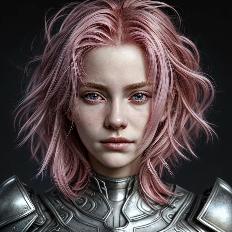 une tête de fille,cheveux roses,avec un réalisme sculptural parfait,avec une armure médiévale argentée, et portrait, Ultra réaliste, HD,  