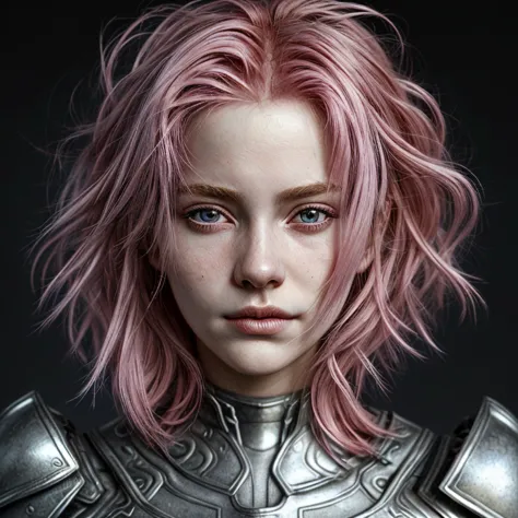 A girl head,pink hair,with a perfect sculptural realistic,with silver mediaval armor, and potrait, ultra realistic, HD,  