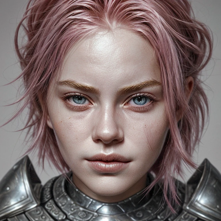 uma cabeça de menina,cabelo rosa,com um realista escultural perfeito,com armadura medieval de prata, e retrato, ultra realistic, alta definição,  