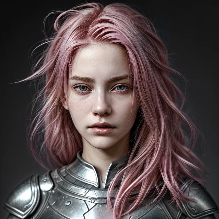 uma cabeça de menina,cabelo rosa,com um realista escultural perfeito,com armadura medieval de prata, e retrato, ultra realistic, alta definição,  