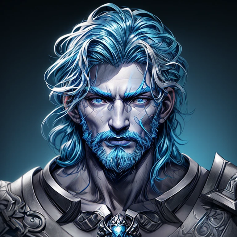 Un homme à tête de Poséidon,Cheveux bleus,avec un réalisme sculptural parfait,avec une armure médiévale argentée, et portrait, Ultra réaliste, HD,  