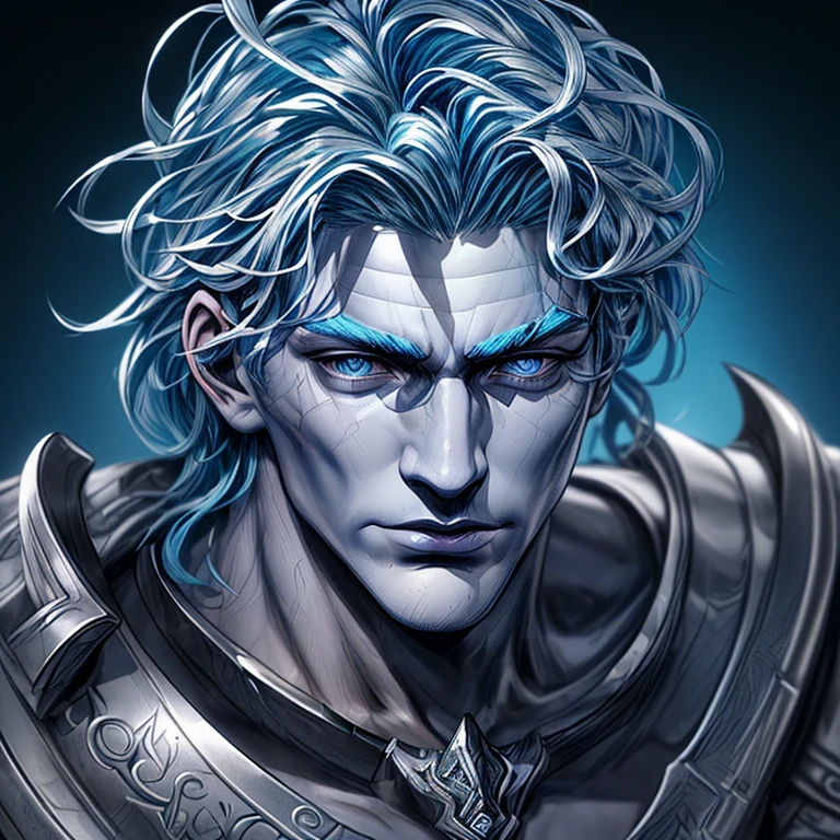 A man poseidon head,blue hair,with a perfect sculptural realistic,with silver mediaval armor, and potrait, ultra realistic, HD,  
