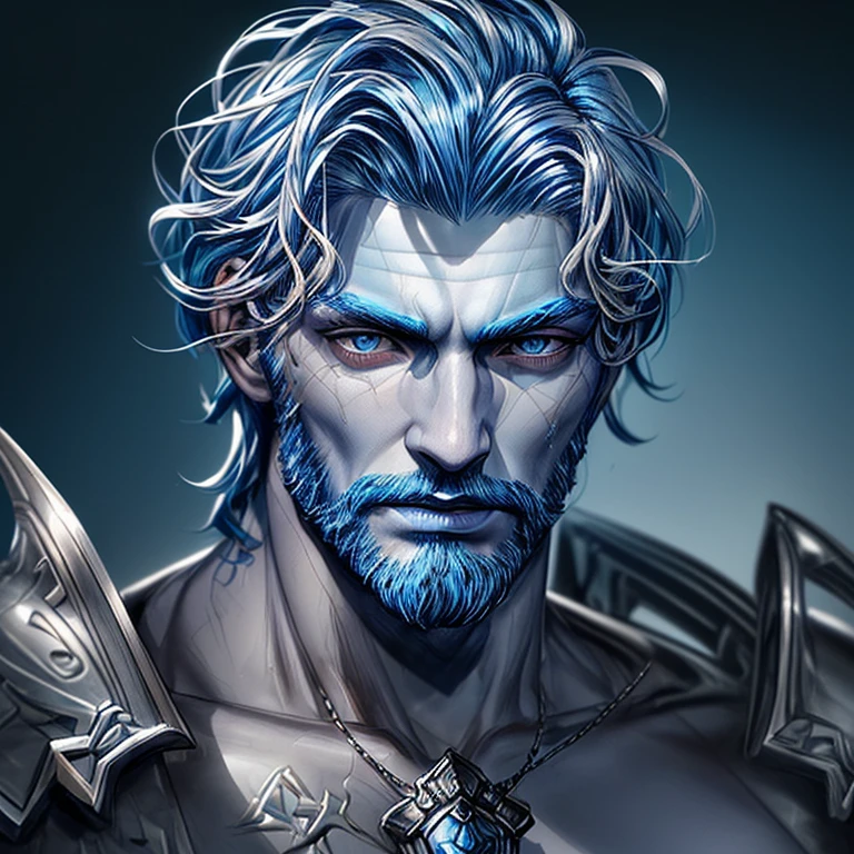 Un homme à tête de Poséidon,Cheveux bleus,avec un réalisme sculptural parfait,avec une armure médiévale argentée, et portrait, Ultra réaliste, HD,  
