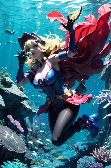 Beautiful dark magician (t Masterpiece: 1.2, best quality), (1loli, Tik), big breasts, (dynamic poses), underwater scene, diving headfirst, blowing bubbles, headfirst, thin gloves and Lace gloves, large pelvis, blue (pantyhose: 1.1) realistic, ..3D, dive, ...