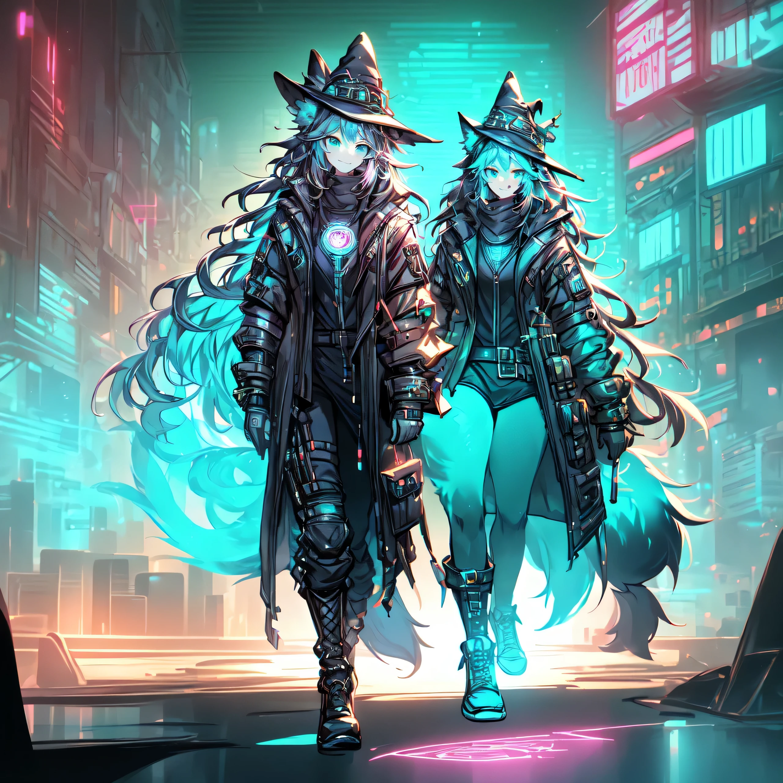 [best quality, shaded, extreme detail, highly detailed, ultra detailed, intricate, realistic], woman, hairy woman, wolf woman, full body portrait, full fur, magic fur, full tail, big tail, magic tail, long hair ( colored hair), hat on the head (cyberpunk style witch hat), almond-shaped eyes (bright turquoise color), expressive smile, charming face, witch outfit (dark color with magic runes, outfit is cyberpunk style), tights black, shoes (high cyberpunk boots), cyberpunk city, the scene takes place in a commercial street. The street contains cyberpunk skyscrapers
