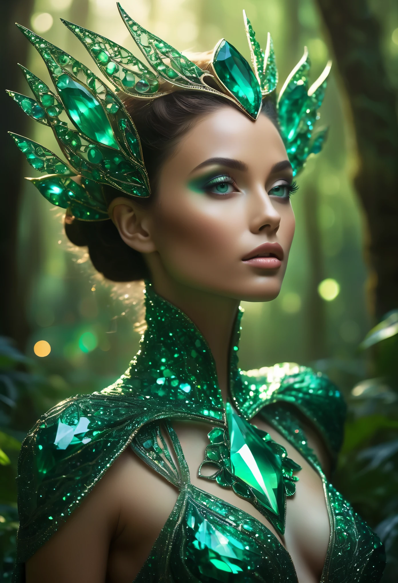 (best quality,highres:1.2),ultra-detailed,(realistic:1.37)
Generate an image of a stunning extraterrestrial girl with a body made entirely of emerald gemstone. She should possess a slender yet graceful physique, with smooth, polished emerald skin that emits a subtle, iridescent shimmer. Her facial features should be delicate and ethereal, with high cheekbones, a softly sculpted jawline, and a slender nose. Her eyes should be large and luminous, with pupils resembling sparkling diamonds set within emerald irises that gleam with an otherworldly radiance.

Her hair should flow around her shoulders and down her back in cascading waves of verdant green, each strand appearing as if it were crafted from pure emerald. The strands should catch the light, refracting it into a dazzling display of colors, like sunlight filtering through a dense forest canopy. Her expression should be serene and enigmatic, with a faint hint of curiosity and wonder shining through her gaze.

Adorn her in elegant yet alien attire, perhaps consisting of flowing robes or garments adorned with intricate patterns reminiscent of celestial constellations. Surround her with an aura of ethereal energy, as if she is bathed in the gentle glow of distant stars, casting subtle reflections on her emerald skin. Capture her in a moment of serene contemplation, as if she is communing with the mysteries of the cosmos.