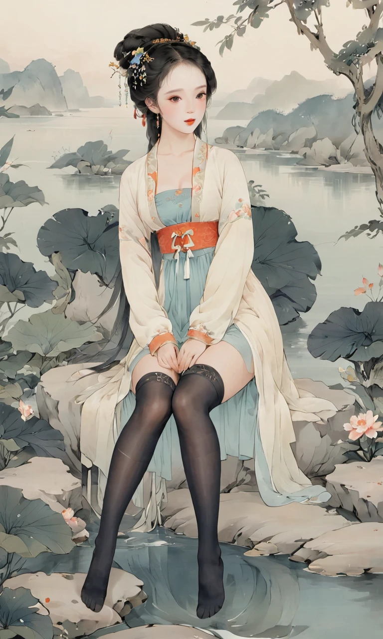 8k, masterpiece, best quality, two-dimensional, (Chinese traditional ink painting:0.2), (perfect hands:1.4), black stockings，Wearing hanfu，The black stockings on the legs are exposed，thick thighs, spread legs, River in the background，koyama，Small animals
