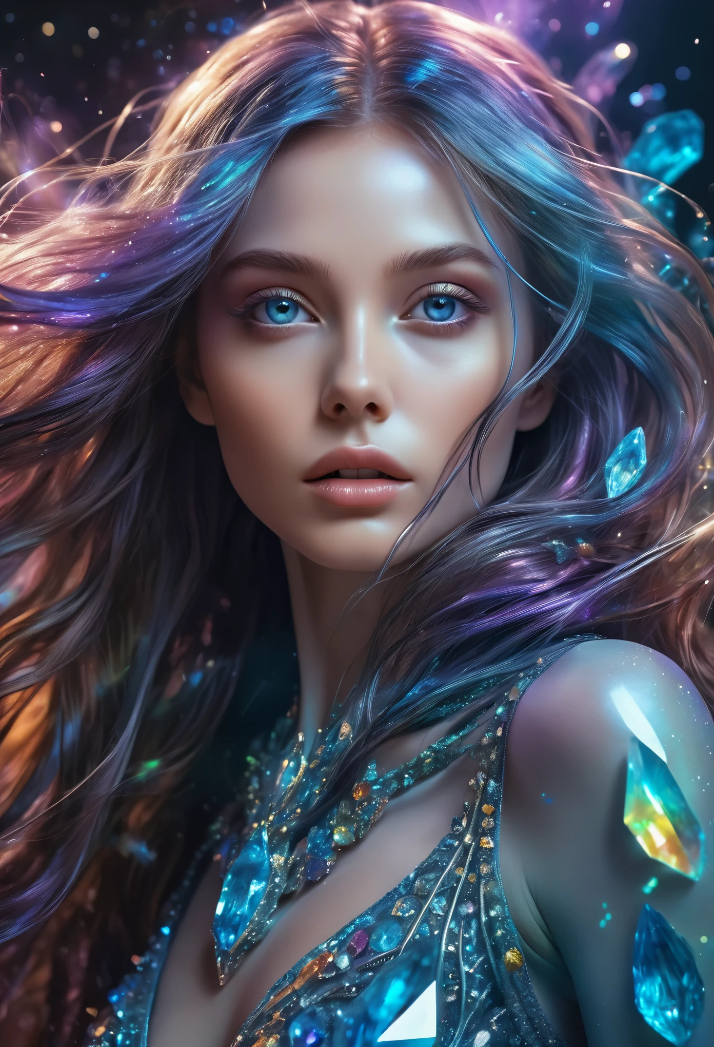 An alien girl whose body is made of minerals, diamond, Topaz, (best quality, highres, ultra-detailed), portraits, vivid colors, studio lighting, realistic, long hair flowing in the wind, sparkling eyes, otherworldly beauty, surreal atmosphere