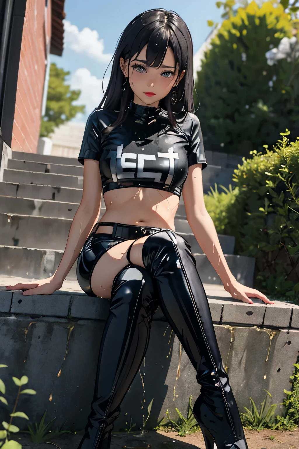 anime, best quality, high quality, highres, beautiful women, high detail, good lighting, lewd, hentai, (no nudity), ((((bike shorts)))), ((tight leather top)), ((((leather thigh high boots)))), bare midriff, (wet shorts), (((wetting herself))), (((peeing herself))), (((peeing self))), (pee streaming down legs), peeing stain, (puddle), (thick thighs), nice long legs, lipstick, detailed face, pretty face, pretty hands, embarrassed blushing face, humiliated, (((outdoors))), (((sitting legs crossed))), hihelz