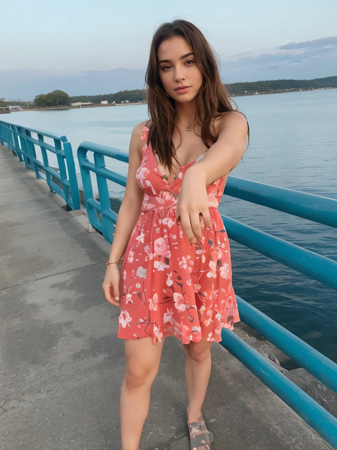 A woman standing on a pier with a hand on her hip - SeaArt AI