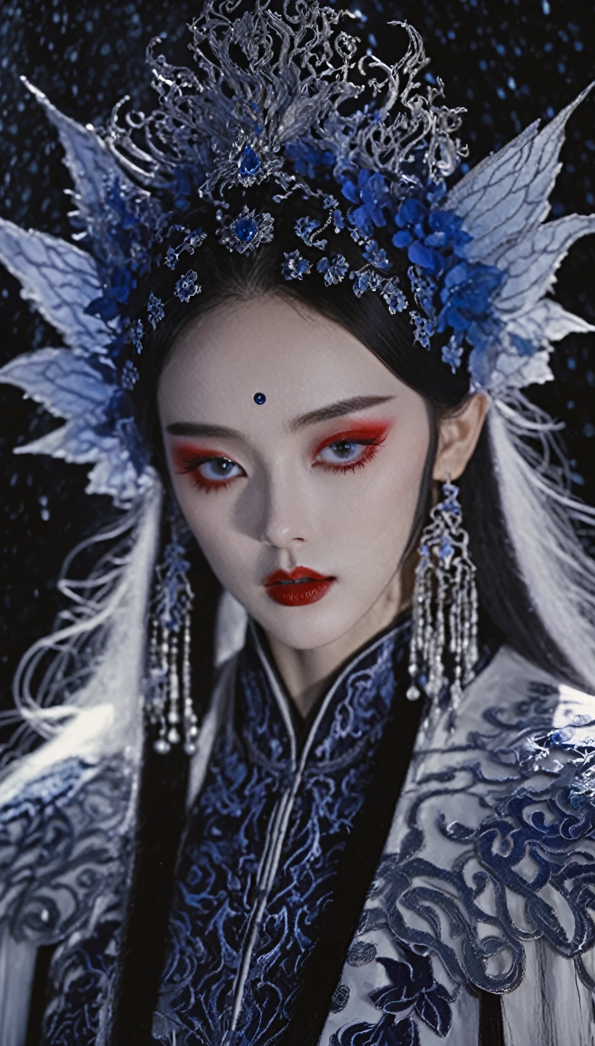 masterpiece, highest quality, (美しい女性alone focus), (Perfect Face:1.1), (Attention to detail:1.1),dramatic, 1 person, (Pale skin), Long white hair, White eyes, alone, Long Hair, moon, night, White luxury suit, vampire, Covered Navel,  Detailed Background, gothic renaissance, Cinema Lighting,Powerful wizard, Stand in the mysterious forest. Flowing robes decorated with symbols, Arms stretched out, Eyes shining with mysterious energy. The spell escapes from my mouth, Vibrant, Swirling patterns of dark magic appear in the air., Red and blue hues pulsate. The charm pervades, make flowers bloom, A creature to gaze upon in awe. Threads of magical energy dance, Uncover hidden areas, Uncover the secrets. Capture the essence of this enchanting moment, highest qualityとAttention to detailキャンバスに、A vivid depiction of the mysterious power of dark magic.。. highest quality, masterpiece, 超High resolution, (Realistic:1.4), RAW Photos, Sharp focus, High resolution, Detailed skin.