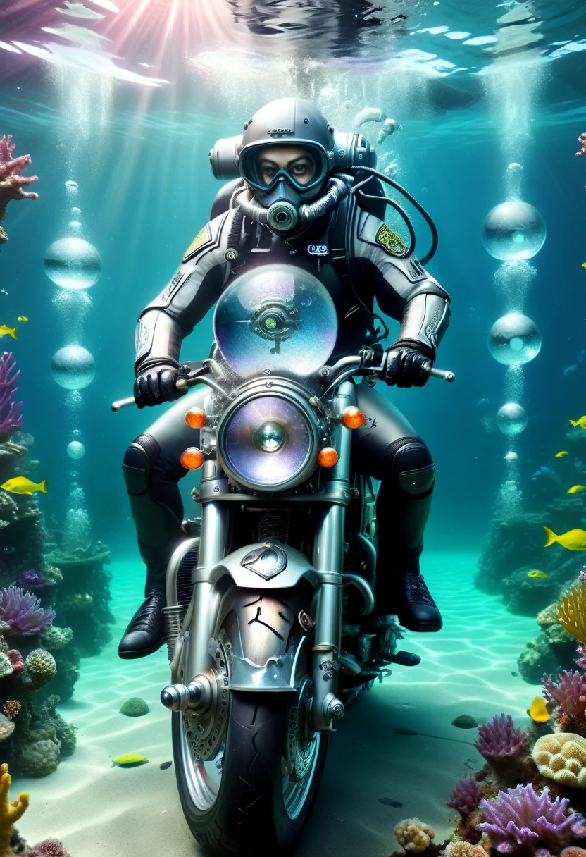 escena submarina，(buceo)，Increíbles carreras de British Shorthair en moto bajo el mar，(穿着buceo服)，(Llevando un cilindro de oxígeno en la espalda.)，tonos negros，(púrpura:0.5)，Incrustación de runas, (verde limon:0.8) Niebla mágica brillante. magocoreai 