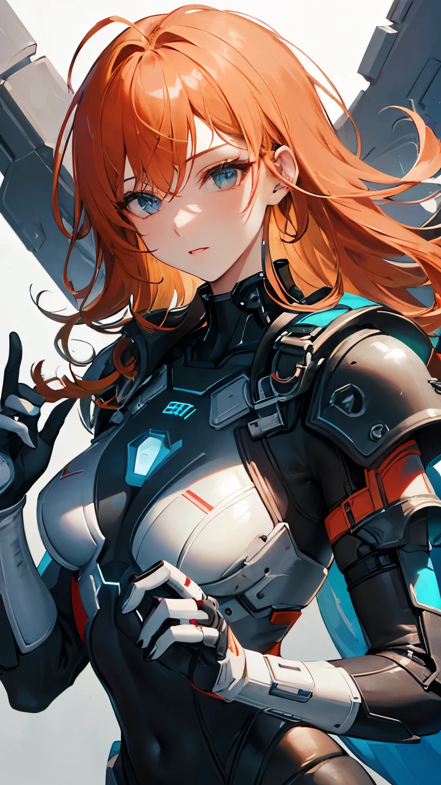 beautiful face, best quality, ultra high resnatural light, shiny skin, detailed skin, detailed face, detailed eyes, beautiful lady, orange hair, straight hair, floating hair, medium hair, mole under eye, A scene from a science fiction movie, a brilliant fantastic background, milf, Mature adult female, mechanically armed sci-fi style armor, black, white, and red tricolor equipment, flat chest, robots, androids, mechanical body, No expression