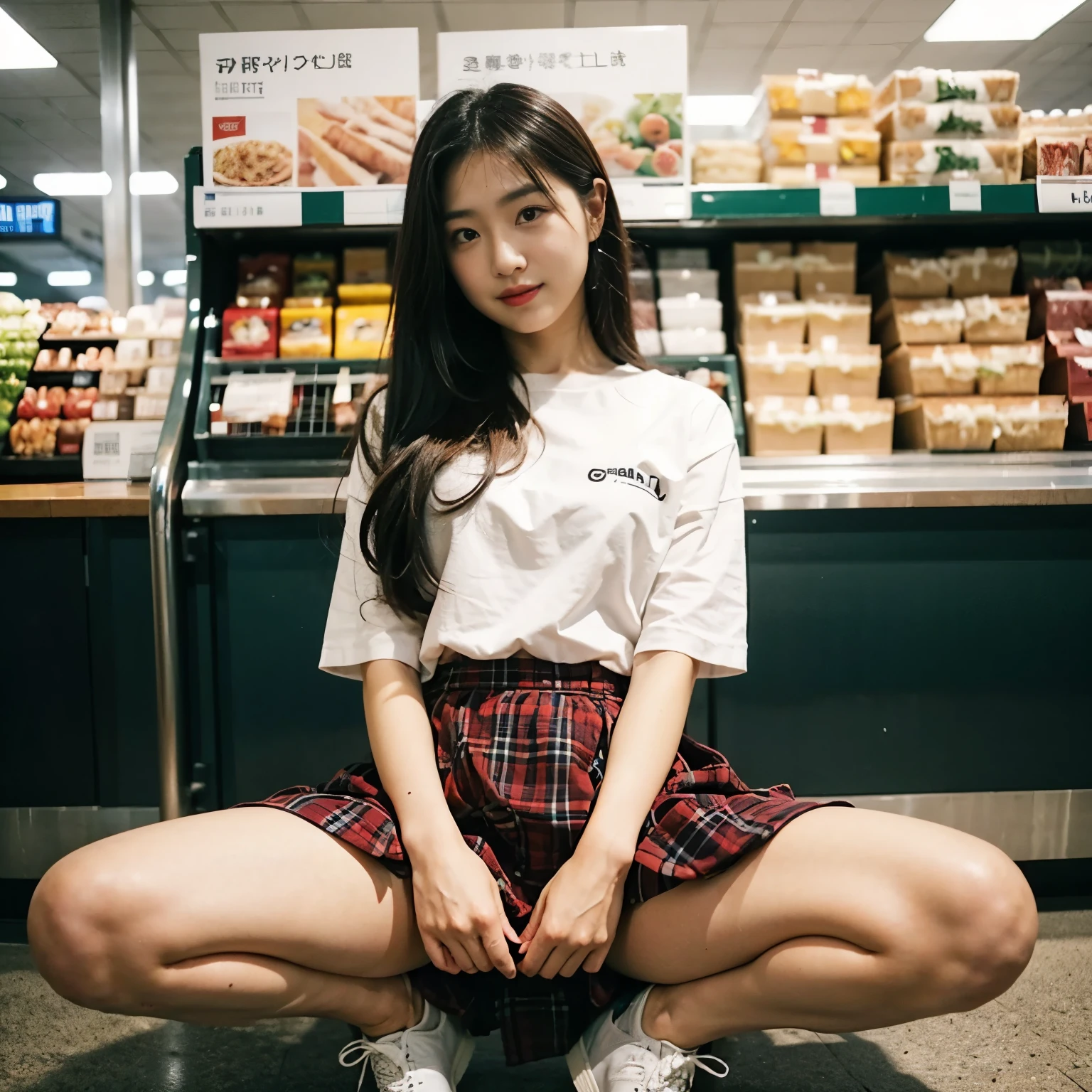 (Young beautiful woman)、(Spread your legs wide)、(Wearing a hooting from below)、Peeking up a skirt and taking a photo、Blushing, Blushing、Staring at the camera、Food section of a supermarket