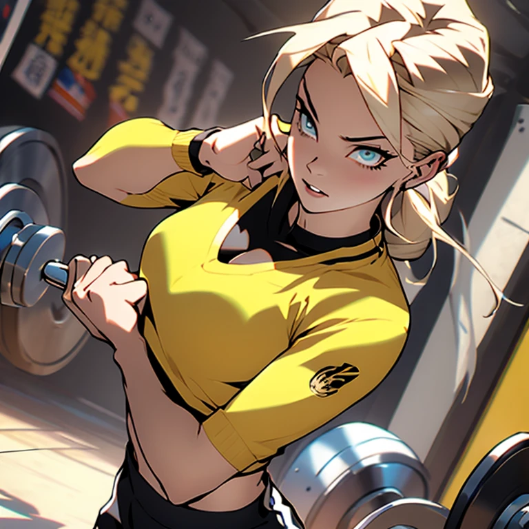 a woman flexing her muscles in a gym, trending on dribble, ash blond hair, roshan, an ai generated image, 985530902, flesh!, in the style of sifu 🔥 😎 🕹️ 👀 :2, trading card, 834779519, ash, within radiate connection, growth