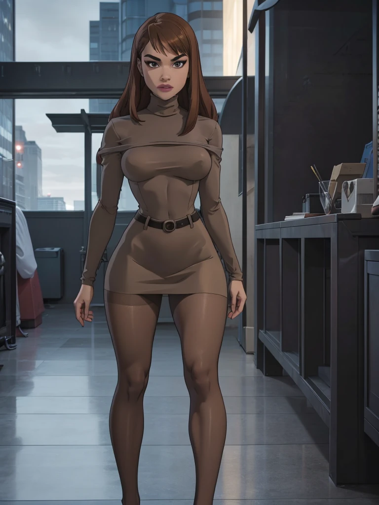 1girl, 18 years old, (brown pantyhose:1.3), (highheels:1.1), (emphasis on her legs and feet:1.3), long straight dark brown hair, (tight grey pencil skirt:1.1), (huge breasts:1.3), (small hips:1.2), (tight grey turtleneck:1.2), small butt, skinny, (thin:1.1), fit, athletic, short, perfect body, beautiful, cute, walking towards the viewer, masterpiece, highly detailed, beautiful, sexy legs, confidence, low denier, luxurious fabric, soft lighting, office backdrop, intricate details, HDR, 8k, hot hot girl