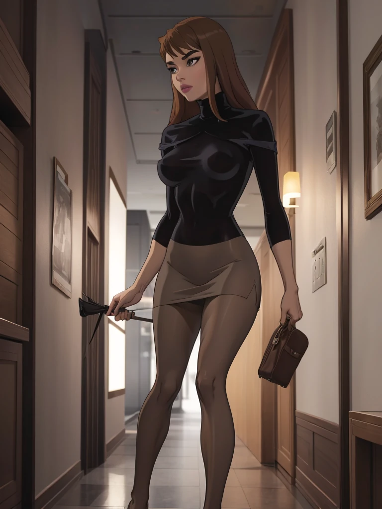 1girl, 18 years old, (brown pantyhose:1.3), (highheels:1.1), (emphasis on her legs and feet:1.3), long straight dark brown hair, (tight grey pencil skirt:1.1), (huge breasts:1.3), (small hips:1.2), (tight grey turtleneck:1.2), small butt, skinny, (thin:1.1), fit, athletic, short, perfect body, beautiful, cute, walking towards the viewer, masterpiece, highly detailed, beautiful, sexy legs, confidence, low denier, luxurious fabric, soft lighting, office backdrop, intricate details, HDR, 8k, hot hot girl, standing long legs wide open