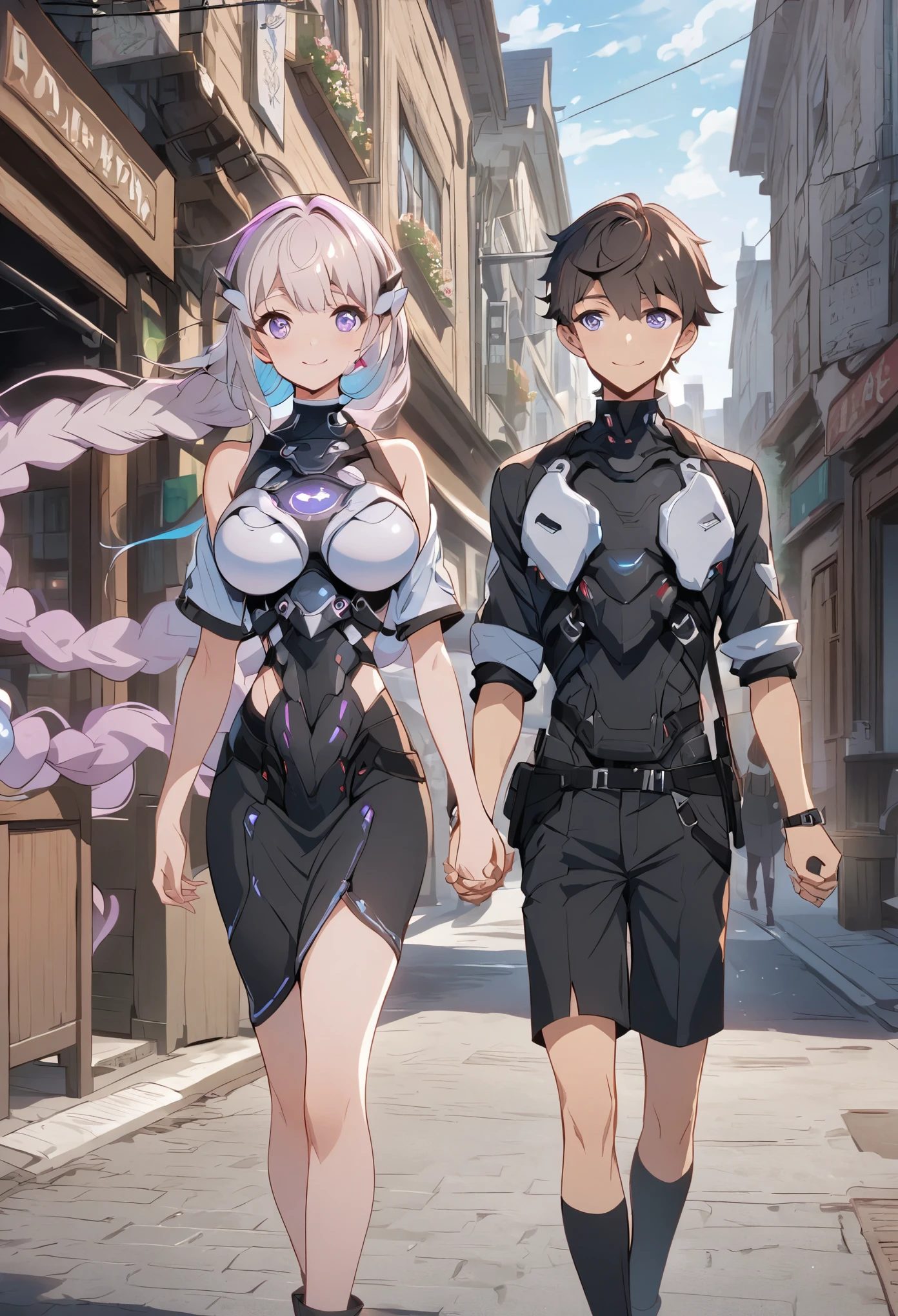 Anime characters holding hands in front of a building, A boy and a girl standing together for a photo，Commercial street in the background