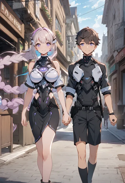 Anime characters holding hands in front of a building, A boy and a girl standing together for a photo，Commercial street in the b...